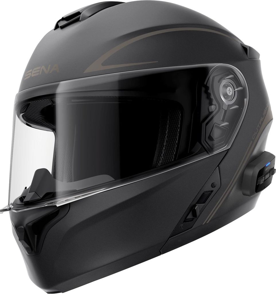 A black Sena OutRush R modular motorcycle helmet with a clear visor and brown accents.