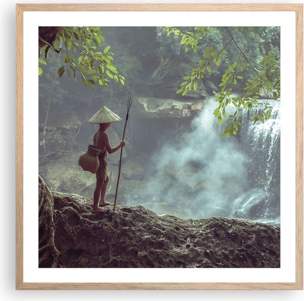 Gerahmtes Poster - Rahmen in heller Eiche - Asien Junge Wasserfall - 60x60 cm - Wand Bild - Wanddeko - Wandbilder - Wandposter - Bilderrahmen - Bil...