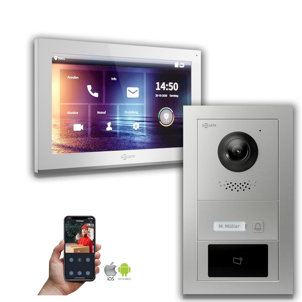 Goliath IP Video Türsprechanlage 1-Monitor RFID : Aufputzdose : 10 Zoll in Weiß : 4er POE (Standard) Türklingel