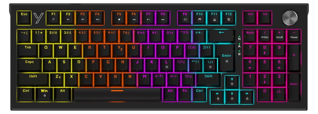 A top-down view of a black mechanical keyboard with RGB backlighting.
