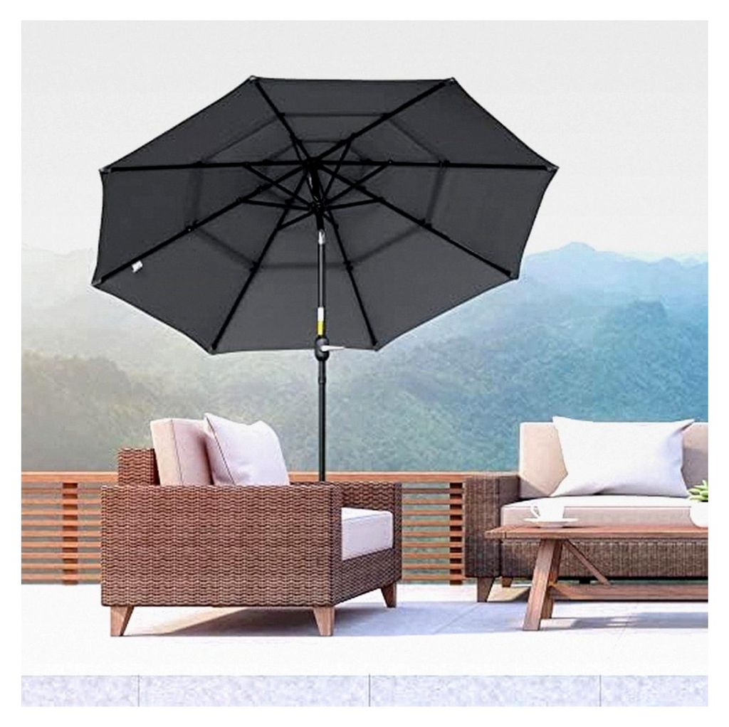 2,6 m Sonnenschirm mit 3-stufigem Dach Handkurbel drehbar Marktschirm 8 Rippen Gartenschirm mit Sonnenschutz Stahl Polyester Dunkelgrau