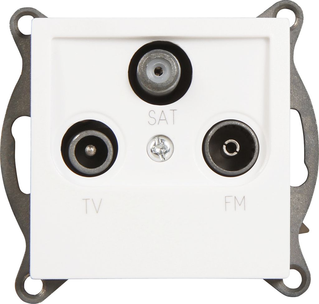 A close-up, front-facing view of a white wall-mounted antenna socket with three connectors labeled SAT, TV, and FM.