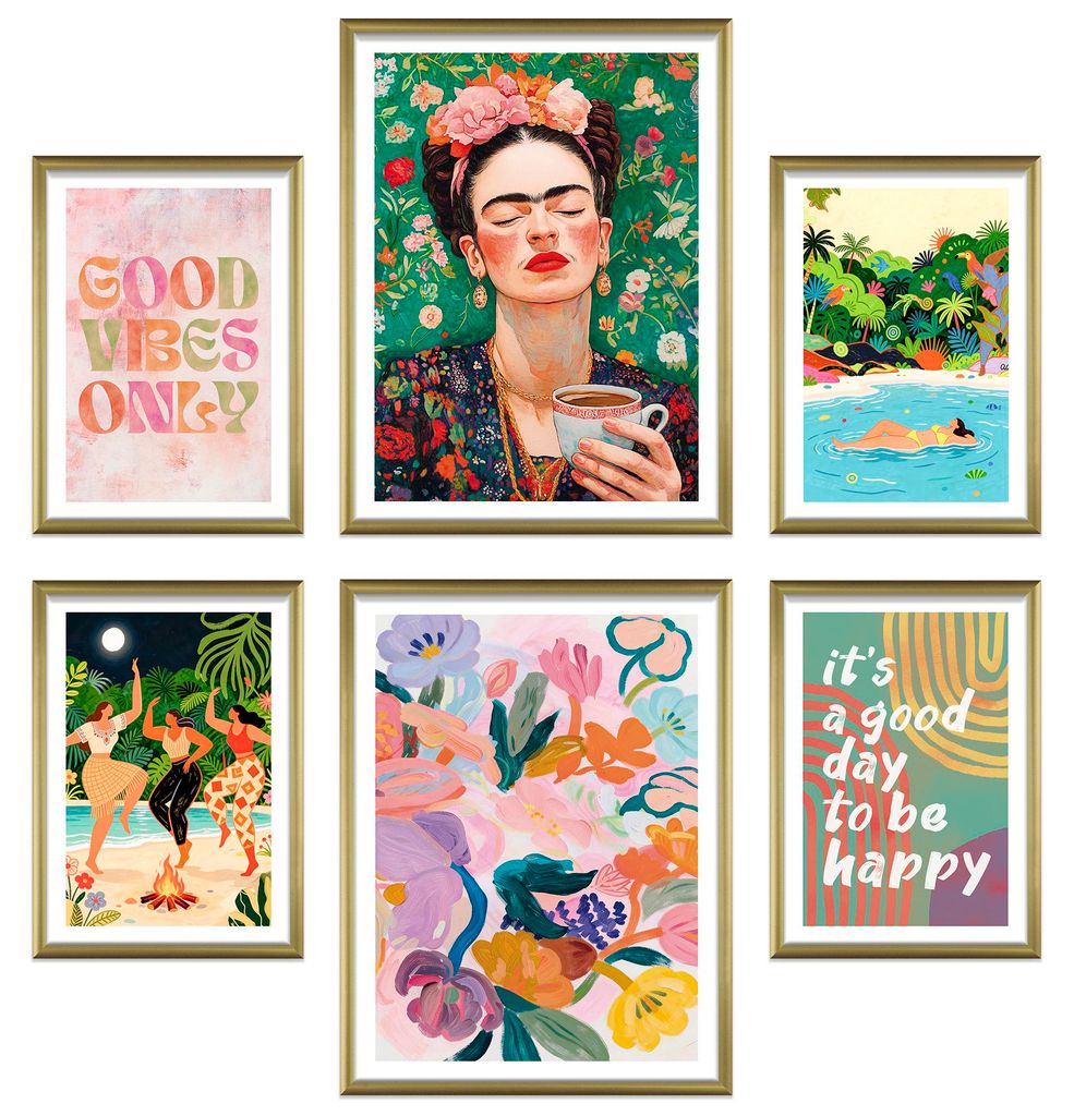 ARTFAVES Poster Set - Mixed Arts I mehrteilige Bilderwand für Wohnzimmer, Schlafzimmer I Wandbilder Abstrakte-Kunst I mit Rahmen Gold
