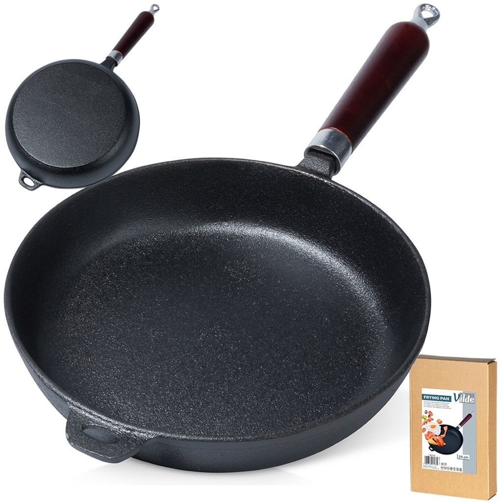 A cast iron frying pan is shown in the foreground, with a smaller, similar pan in the background. A product box is visible in the lower right corner.