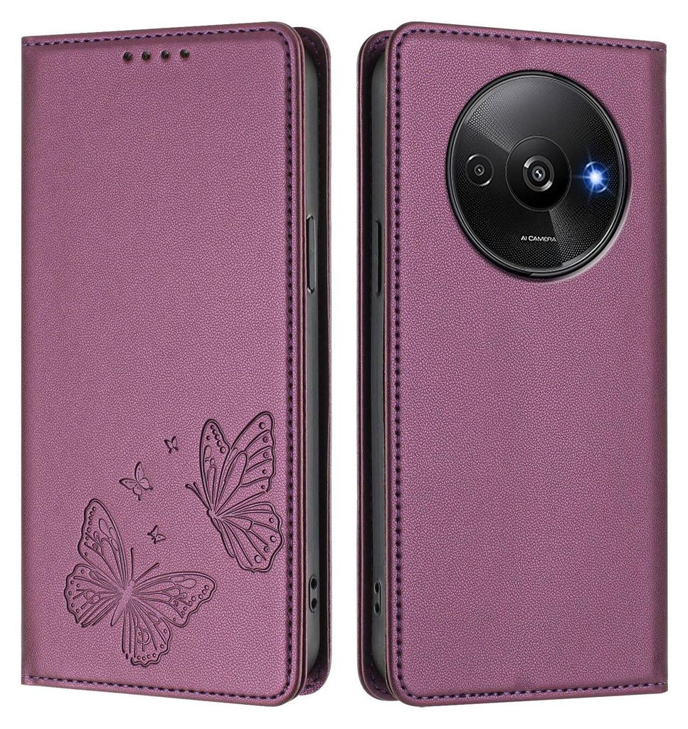 Lederhülle für Xiaomi Poco C61/Redmi A3 / A3X, Schmetterling Prägung Leder Brieftasche Schutzhülle mit Ständer Lila