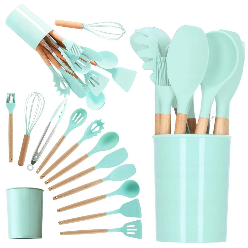 Set ustensiles cuisine 12 pièces silicone bambou vert Image du produit 