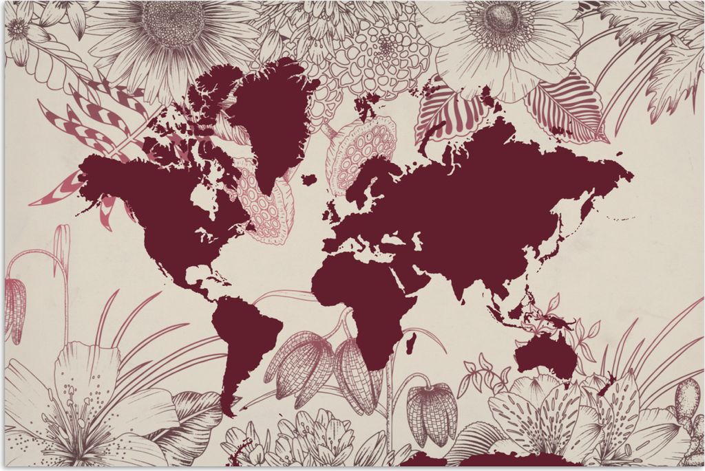 MuchoWow Poster Weltkarte - Rot - Blumen 180x120 cm - Fotoplakat