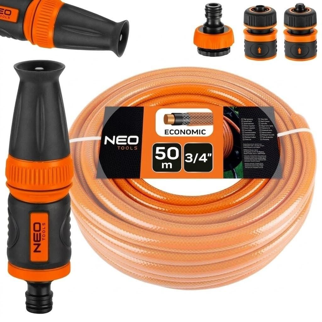 NEO TOOLS Gartenschlauch 3/4 Zoll 20m Set mit Spritze Kupplungen und Hahnanschluss 4-Lagig