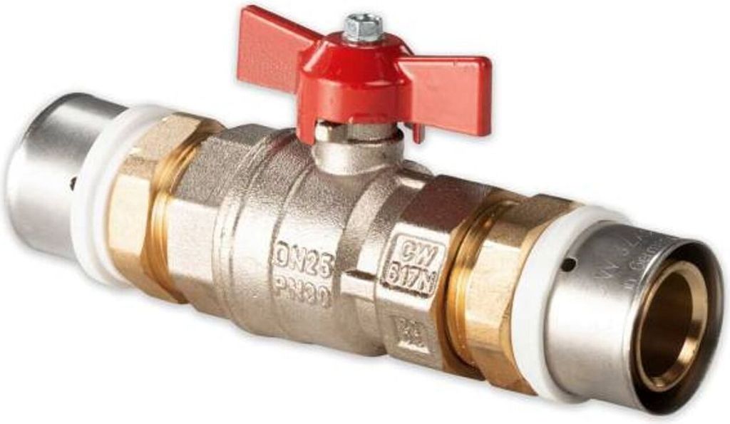 Selfio-Press Aluverbund Pressfitting Kugelhahn 32 x 3 mm Flügelgriff rot TH + U Kontur