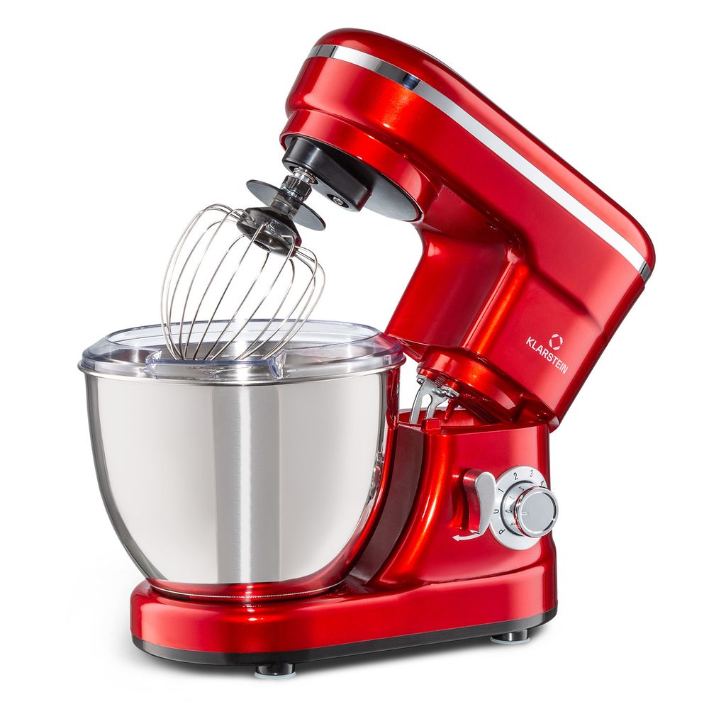 A red stand mixer with a silver bowl and whisk attachment, shown against a white background.