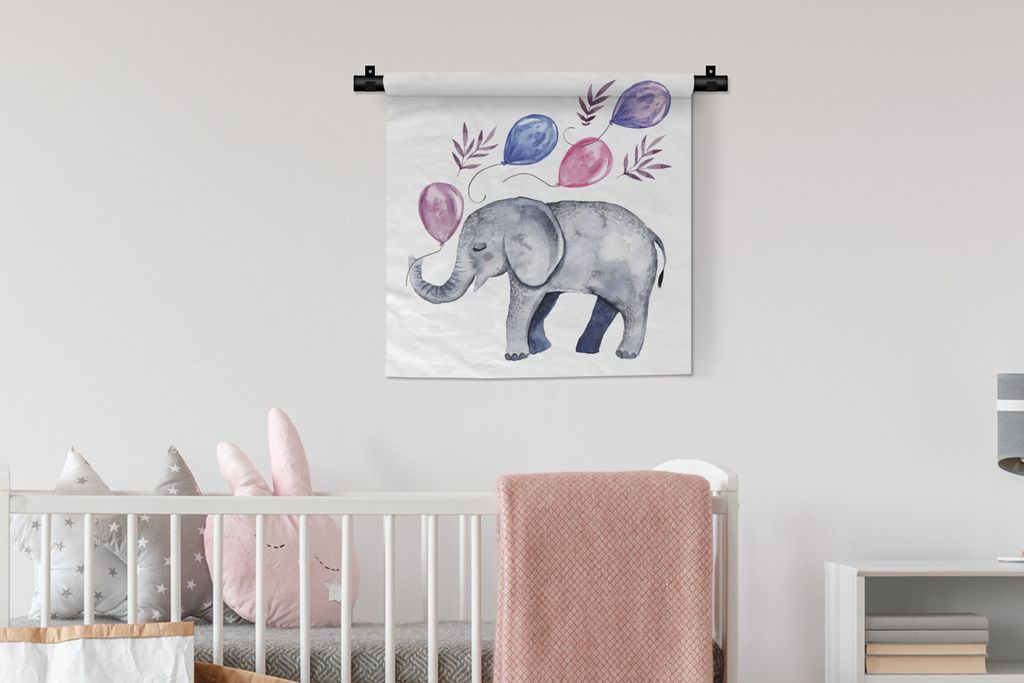 MuchoWow Wandteppich Wandbehang Elefant - Aquarell - Luftballons 60x60 cm Tapisserie Dekoration Wandtuch - Dekorationen - Wand Decke