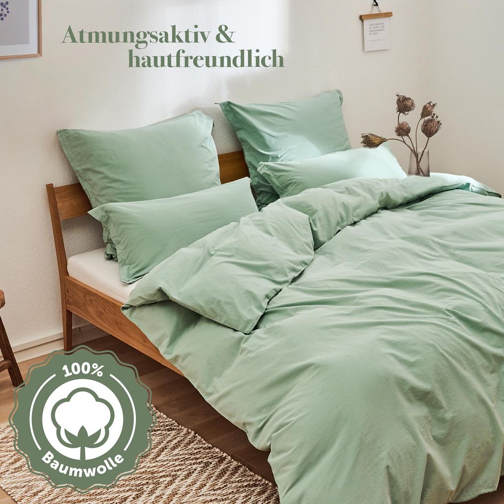 Blumtal Bettwäsche 2er Set 135x200 Grün– 100% Baumwolle – 2