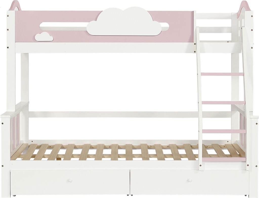 Etagenbett mit farblich abgesetztem Fallschutzgitter Fenster Wolkendekoration Kinderbett Hausbett Jugendbett 90x200cm&120x200cm Weiß+Rosa