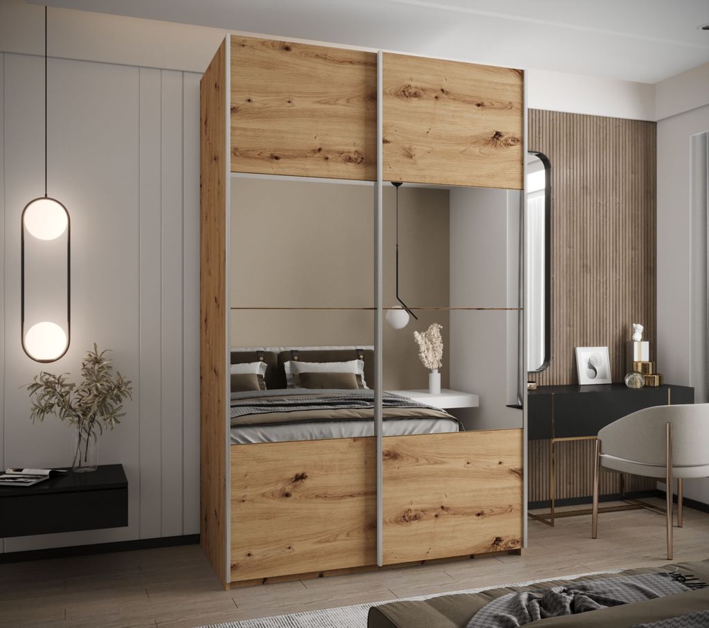 Zweitüriger Kleiderschrank SAMARA 4 - 150 cm, Eiche handwerklich / Silber