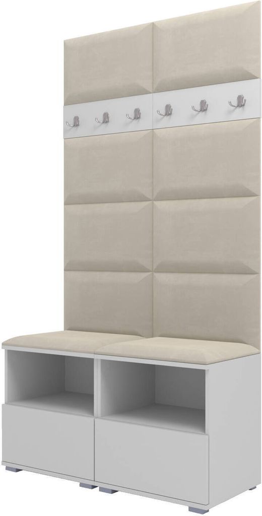 Garderoben-Set Nela III, Polstergarderobe mit zwei Schuhschränke, Flurmöbel Wandpaneele und Kleiderbügel (Farbe: Weiß + Trinity 01 (Creme))