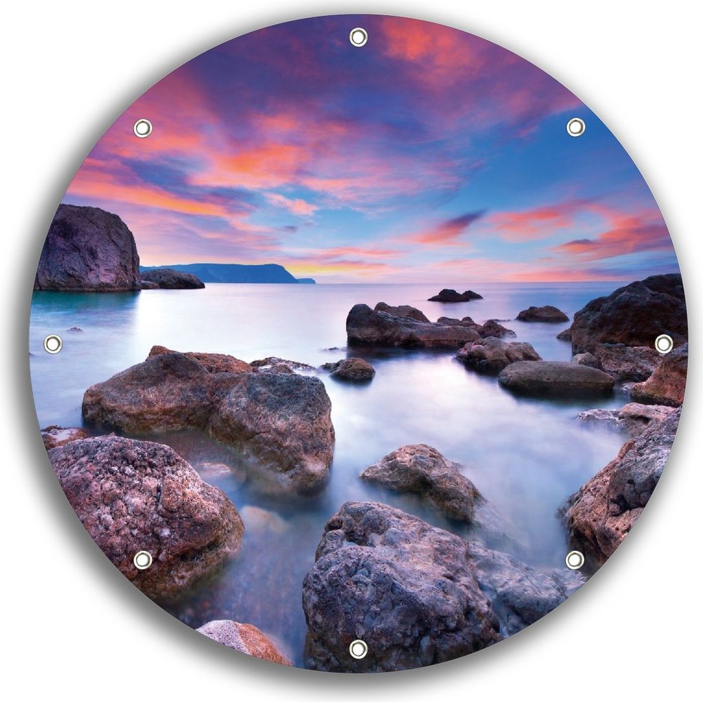 Wallario rundes Outdoor-Poster für Garten oder Balkon, Motiv Seelandschaft in blau und rot mit großen Felsen, 30 cm Durchmesser