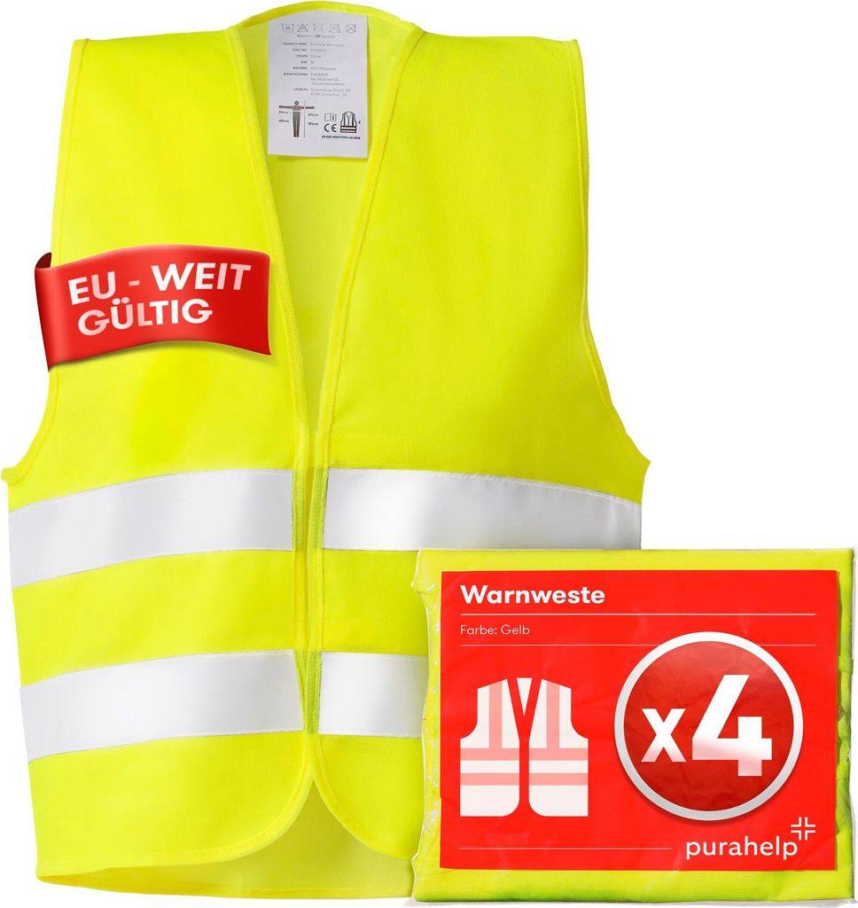 PURAHELP Warnwesten Auto 4er Set Europaweit gültig nach EN Produktbild 