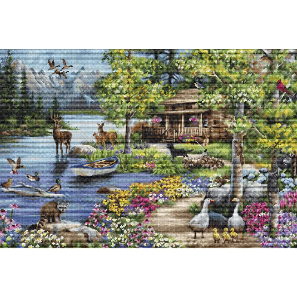Tableau Point de Croix à Broder Cabane et Lac pour Déco Murale 51x34