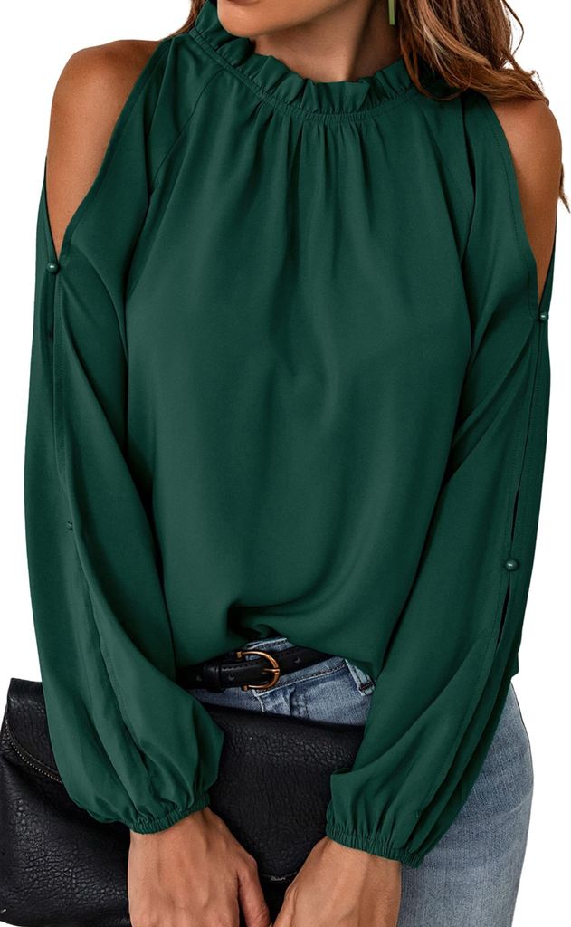 Damen-Oberteile, elegant, lässig, schulterfrei, Rüschenkragen, Blusen, Herbstmode, Hemden für die Arbeit, Grün, S