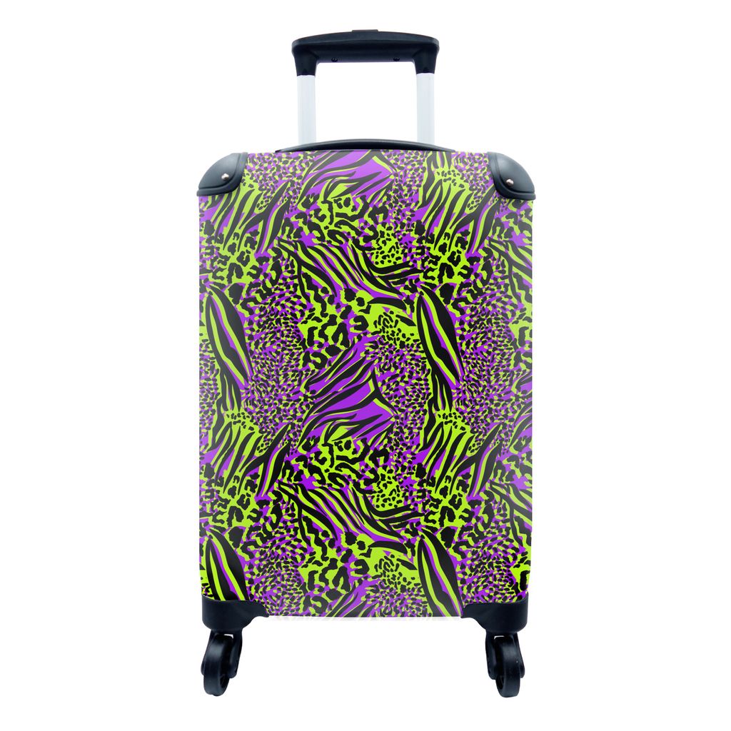 MuchoWow Koffer Handgepäck Trolley Rollkoffer Kleine Reisekoffer mit 4 Rollen - Tiermuster - Muster - Lila - Neon - Cabin Size < 55x40x23 cm & 5...