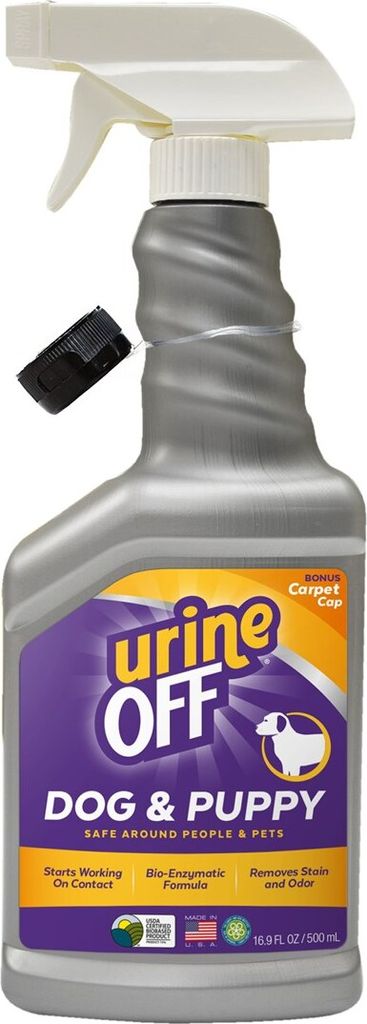A spray bottle of Urine Off Dog & Puppy cleaner against a white background.