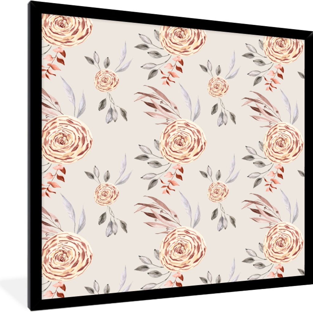 MuchoWow Gerahmtes Poster Rosen - Gold - Muster 40x40 cm - Poster mit Schwarzem Bilderrahmen Wandposter Rahmen Foto Bilder - Mit Rahmen - Wanddek...