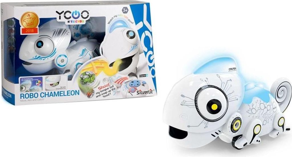 A product image showing the packaging of a toy robot chameleon and the robot itself.