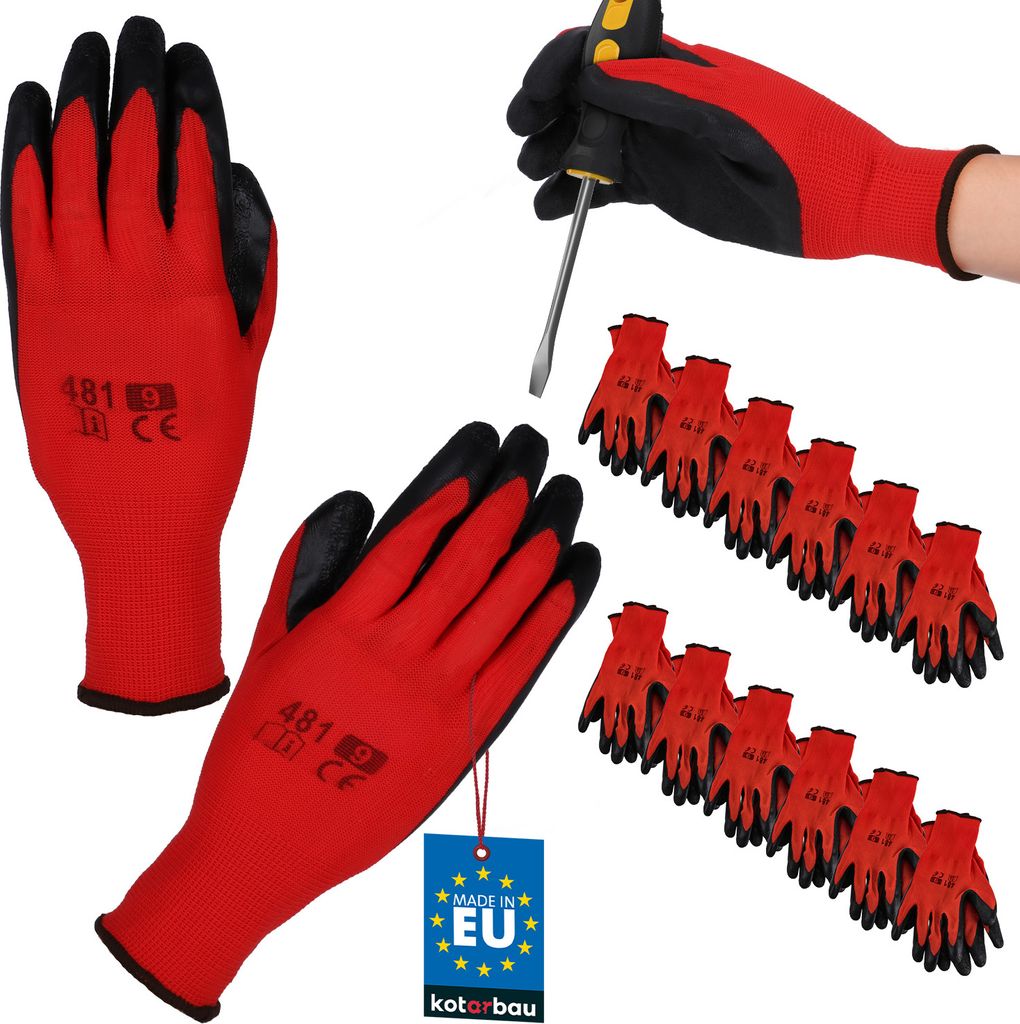 KOTARBAU 12er Set Handschuhe Arbeitshandschuhe Anti-Rutsch Latex beschichtete Arbeitshandschuhe Größe 9 Red Herren Werkstatt Zubehör Winter Ga...