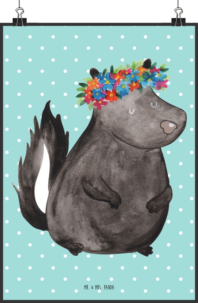 Mr. & Mrs. Panda Bild Stinktier Mädchen DIN A0 - Türkis Pastell - Geschenk, Yoga, wanddeko, Wildtier, Posterdruck, Wandbild, Namaste, drucke, Sku...