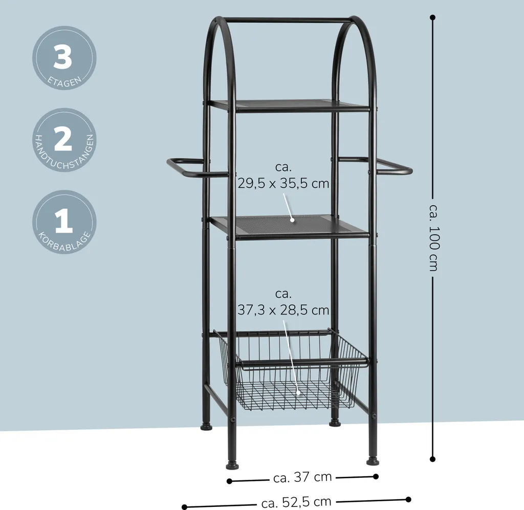 Étagère Salle de Bain 3 Étages en Métal Noir Mat, Solution Pose Libre 2en1