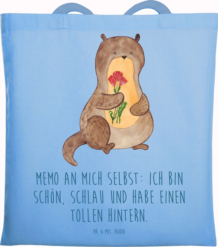 Mr. & Mrs. Panda Shopping Tasche Otter Blumenstrauß - Sky Blue - Geschenk, Selbstliebe, Schultasche, Tragetasche, Positiv, Stoffbeutel, Selbstvert...