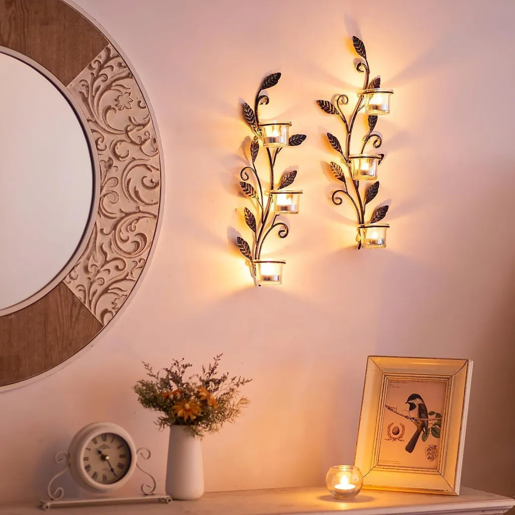 Portacandele Foglia Metallo Nero Parete - 6 Tealight Stile Vintage - 2