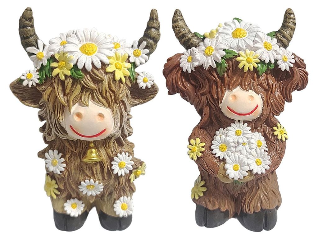 2er-Set Hochlandrind-Figuren mit Blumen, kleine Hochlandrind-Statue aus Kunstharz, Frühlings-Bauernhaus-Skulptur, schottische Rinderfigur für Zuh...