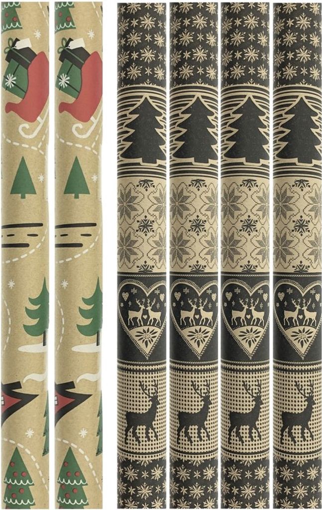 Sortiment Kraft-Geschenkpapier – Geschenkpapier Weihnachtspapier HO202201 – 2 Meter x 70 cm – 6 Rollen