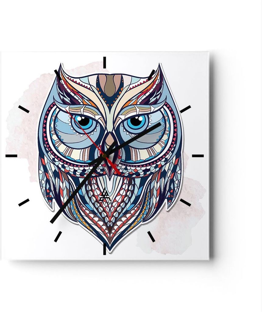 Wanduhr - Quadrat - Glasuhr - Owl aztekische Tierwelt Grafik - 30x30cm - Schleichendes Uhrwerk - Lautlos - zum Aufhängen bereit - Dekoration Moder...