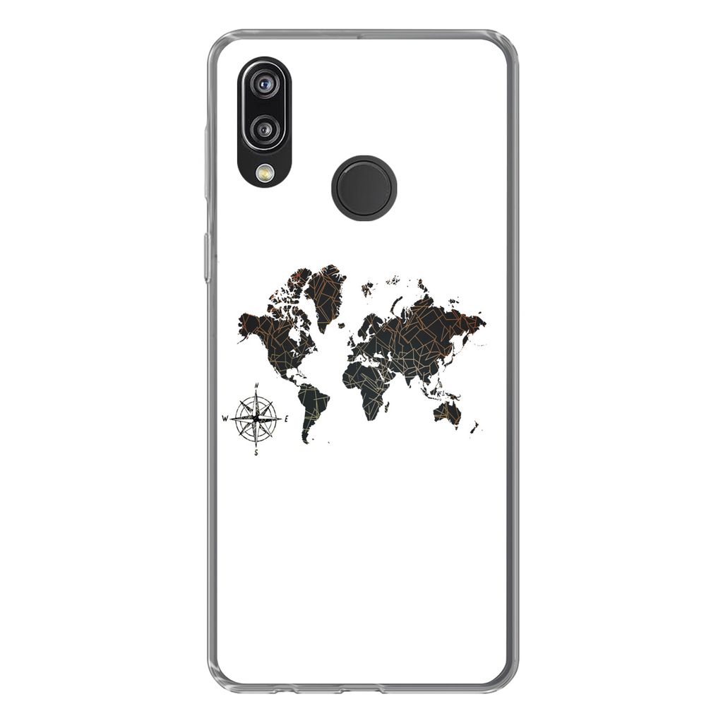 MuchoWow Handyhülle Schutzhülle Hülle für Huawei P20 Lite (2020) Weltkarte - Gold - Schwarz - Windrose Silikon Softcase Handy Hülle - Karten...