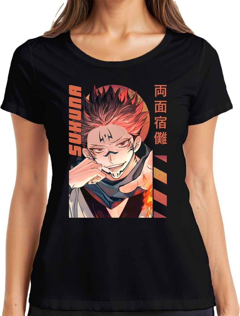 Sukuna Jujutsu Kaisen Ryomen Dämon Flamme Manga Anime Ästhetik Damen T-Shirt, Schwarz, XXL