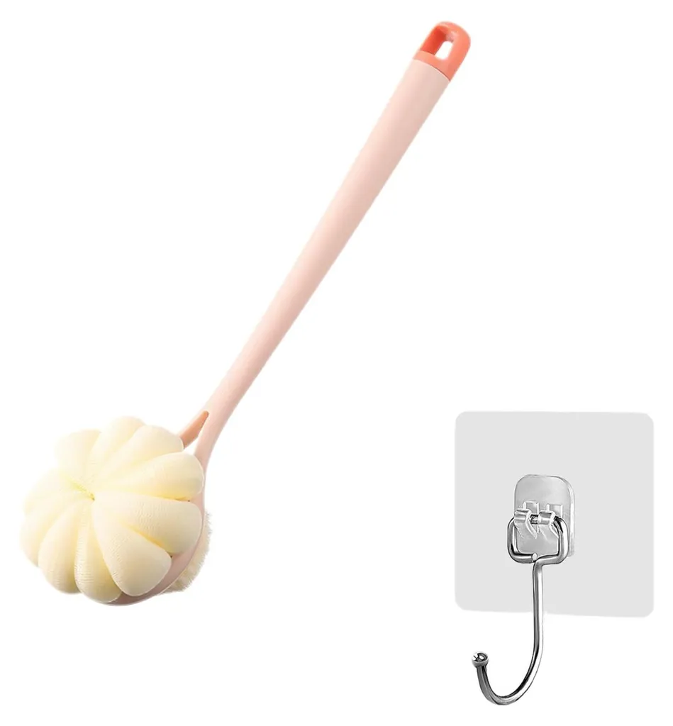 Brosse de douche double face exfoliante à manche long et picot rose