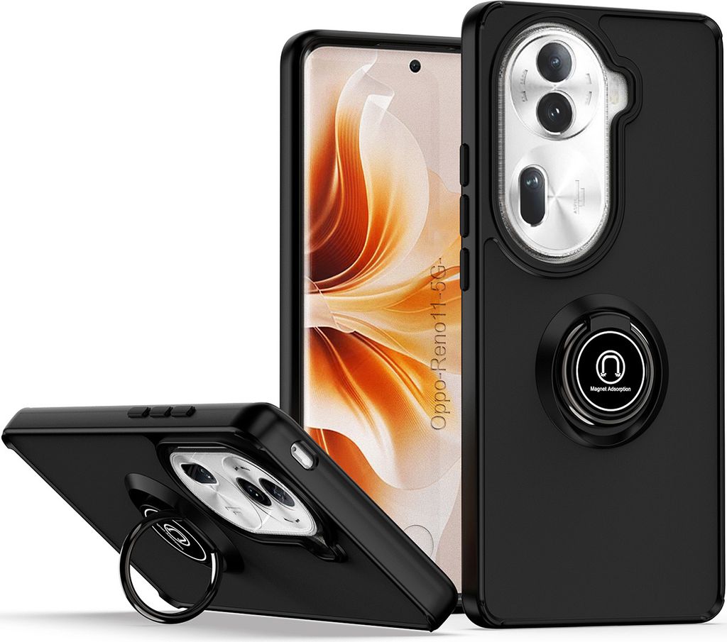 Hülle für Oppo Reno11 Pro Ring Halter Ständer Matte Transluzent TPU Bumper Stoßfest Schutzhülle Schwarz