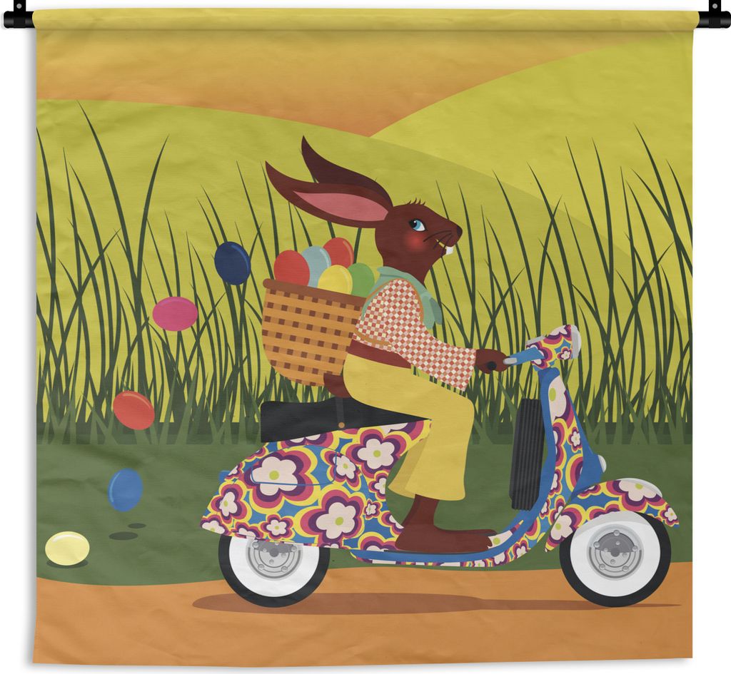 MuchoWow Wandteppich Wandbehang Illustration des Osterhasen auf einer Vespa 150x150 cm Tapisserie Dekoration Wandtuch - Wohnaccessoires - Modernes