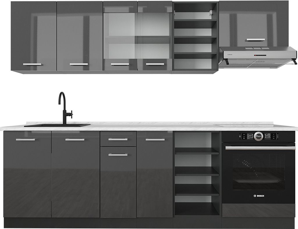 Vicco Küchenzeile R-Line, 240 cm , AP Marmor, Anthrazit Hochglanz/Anthrazit