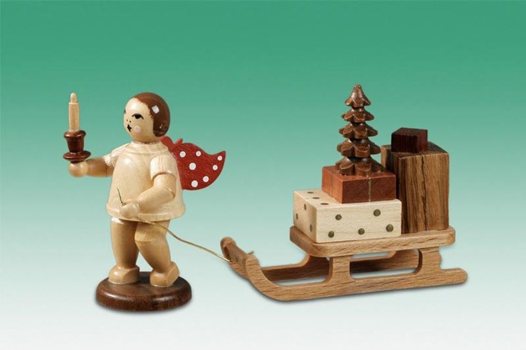 Holzfigur Weihnachtsengel mit Schlitten natur ohne Krone Höhe 6,5cm NEU