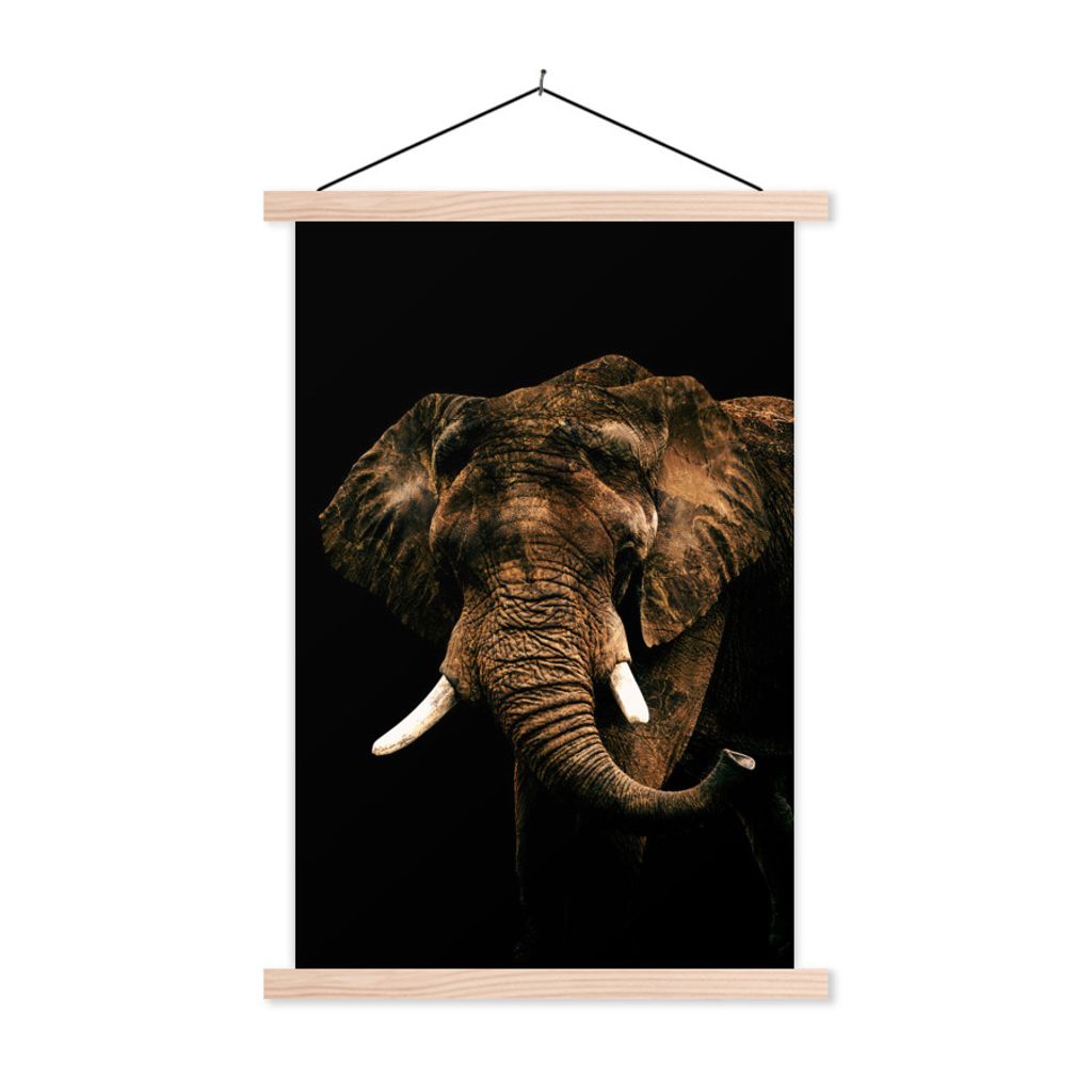MuchoWow Textilposter Elefant - Schwarz - Braun 60x90 cm mit holzfarbenen Rahmen - Textil