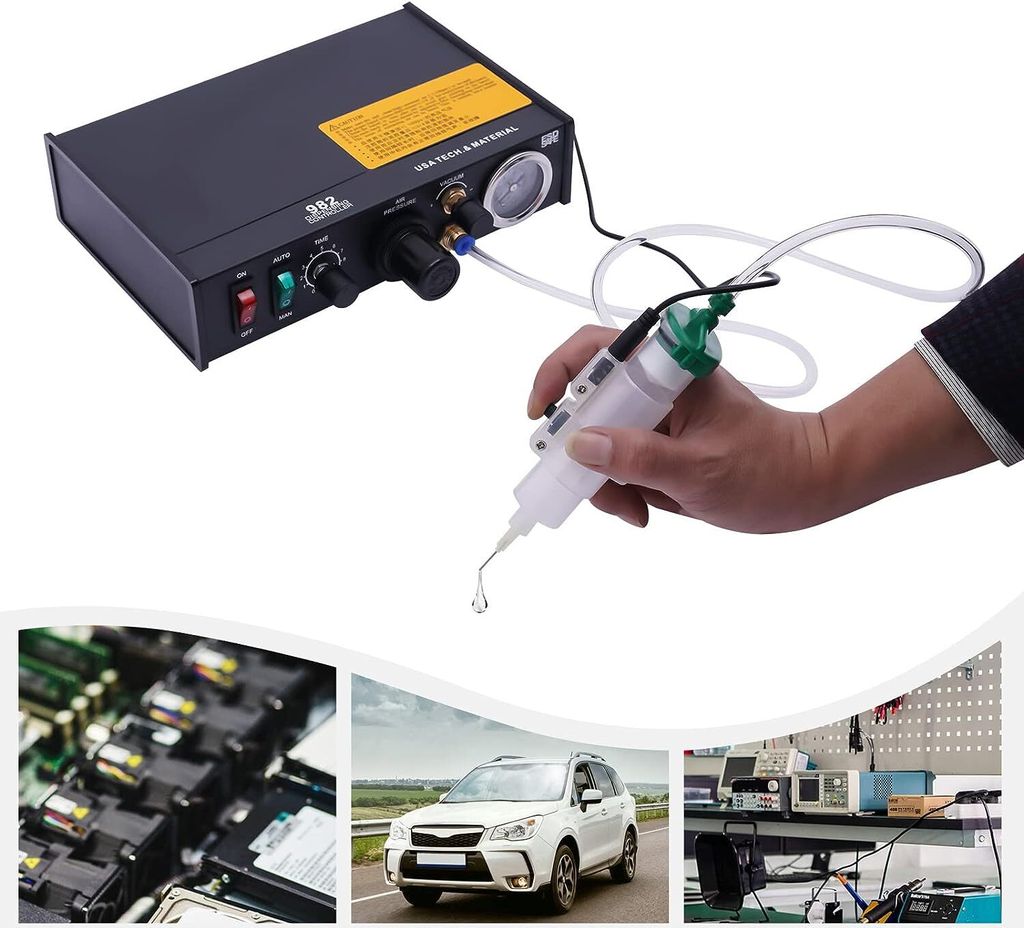 A collage showing a dispensing machine, electronics, a car, and a workbench.