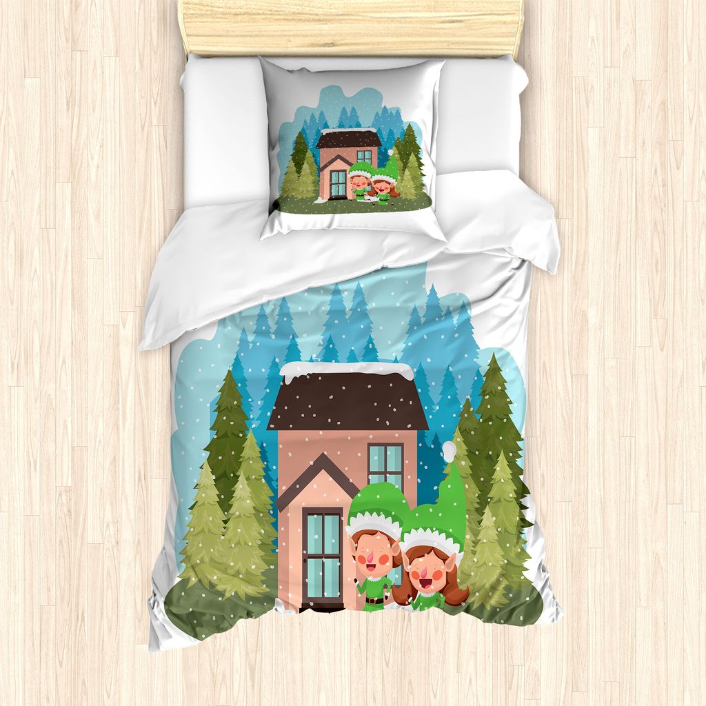 ABAKUHAUS Elf Bettbezug Set für Einzelbetten, 2 Zwerge Haus in der Winterzeit, Milbensicher Allergiker geeignet mit Kissenbezug, 135 cm x 200 cm -...