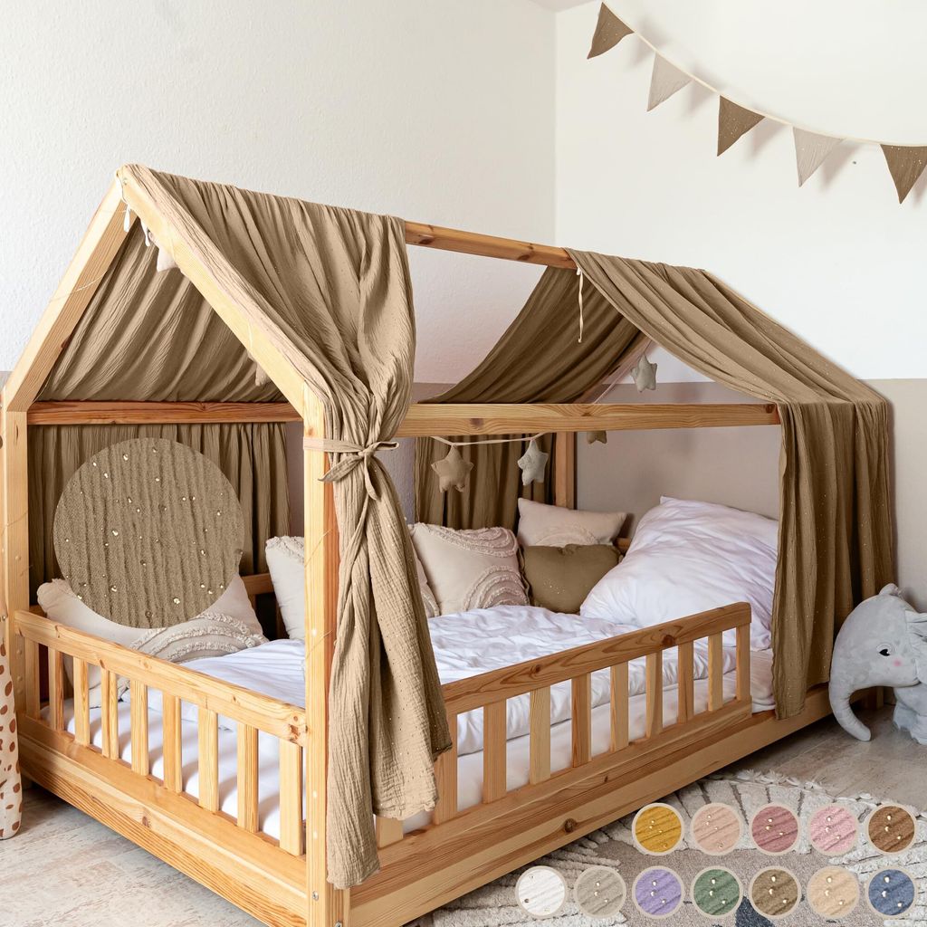 Musselin Hausbett Himmel für Kinderzimmer mit Gold Applikation