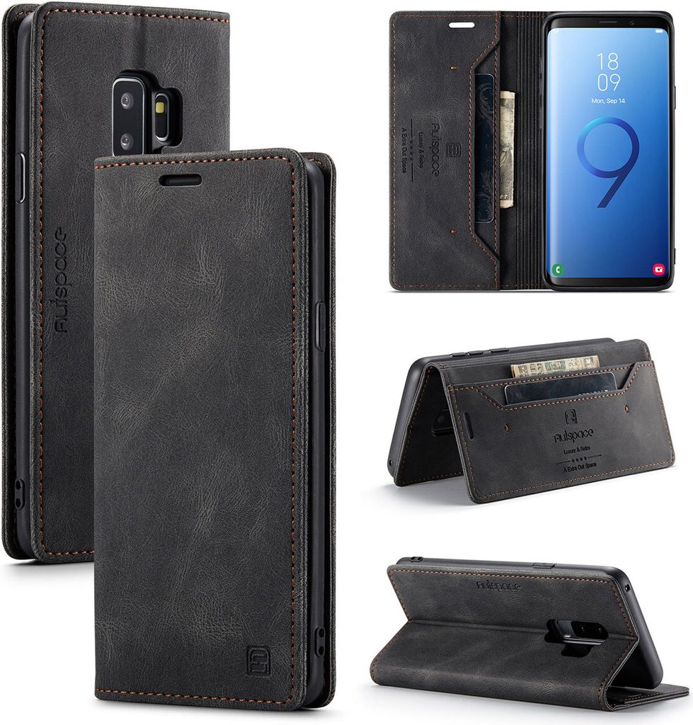 Galaxy S9 Plus Brieftasche Hülle, Retro Kunstledertasche Stand Schutzhülle für Samsung Galaxy S9 Plus Schwarz