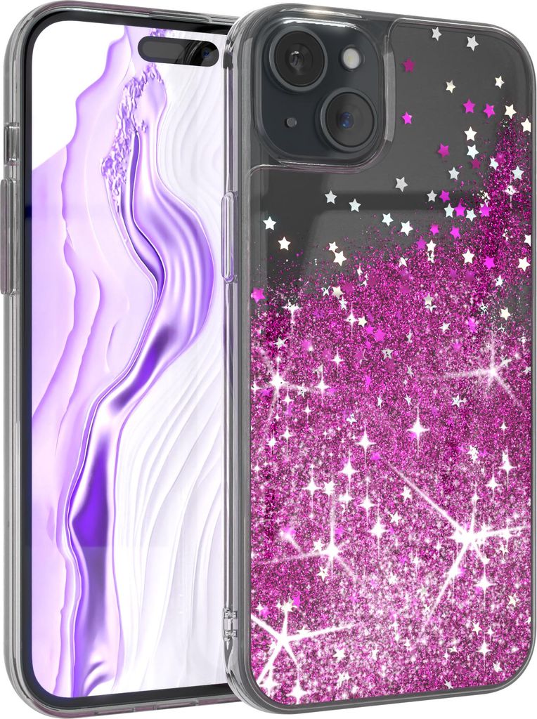 EAZY CASE - Glitzer Hülle kompatibel mit Apple iPhone 15 Plus Glitzer Schutzhülle, Soft Case, Backcover Transparent mit Motiv