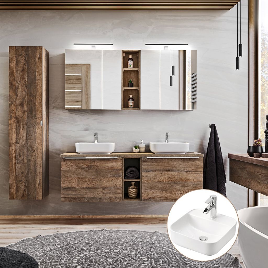 Badmöbel Set Vintage Oak Eiche PUEBLA-56 140cm Waschtischunterschrank, 2 Keramik Waschbecken, Regale, 2 LED-Spiegelschränke, Hochschrank, B/H/T c...