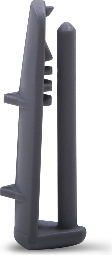 A close-up studio shot of a gray plastic furniture glide or foot.